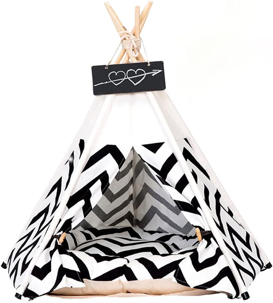 Tienda de campaña tipi para mascotas, para perros, cachorros, gatos, lona blanca, linda casa tipi para mascotas con cojín, 24 pulgadas, interior y