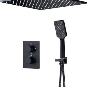 Grifo termostático de ducha con sistema de ducha de lluvia de montaje empotrado con ducha de mano, cabezal de ducha cuadrado de lluvia y rociador de Grifo termostático de ducha con sistema de ducha de lluvia de montaje empotrado con ducha de mano, cabezal de ducha cuadrado de lluvia y rociador de