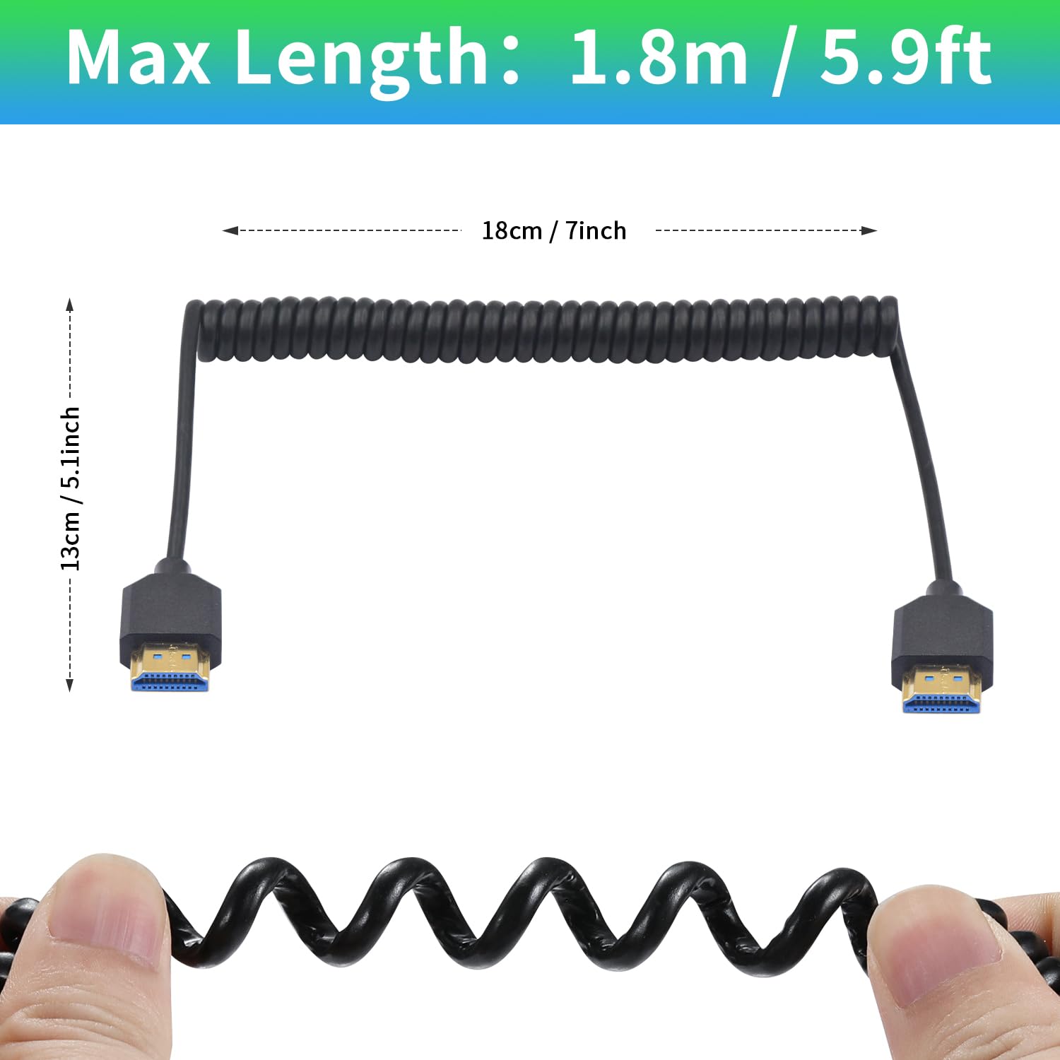 Duttek 8K HDMI a HDMI en espiral de 6 pies5.9 ft, cable en espiral HDMI 2.1 de 48 Gbps, cable HDMI extremo delgado macho a macho soporta 8K 60Hz, 4K