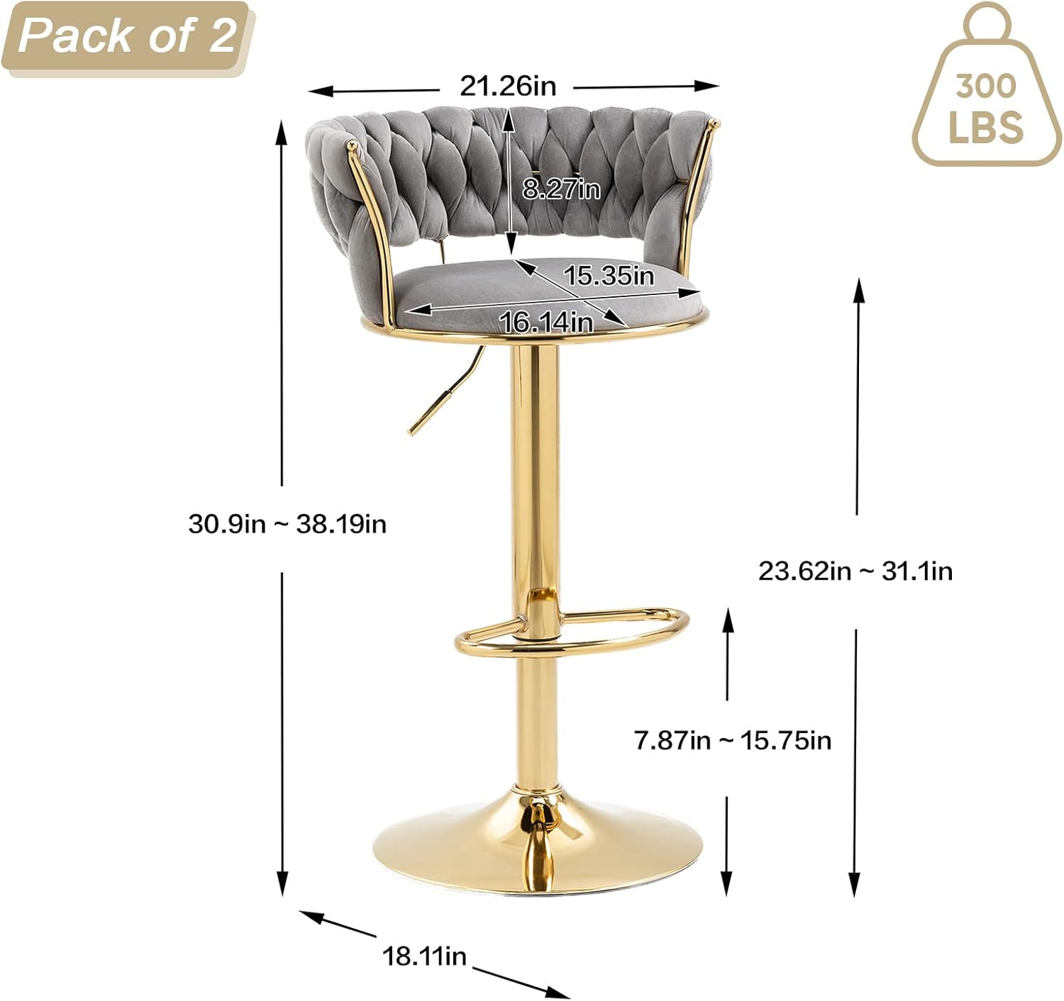 KINFFICT Juego de 2 taburetes de bar giratorios de terciopelo, taburetes de bar ajustables con respaldo tejido, sillas de comedor tapizadas,