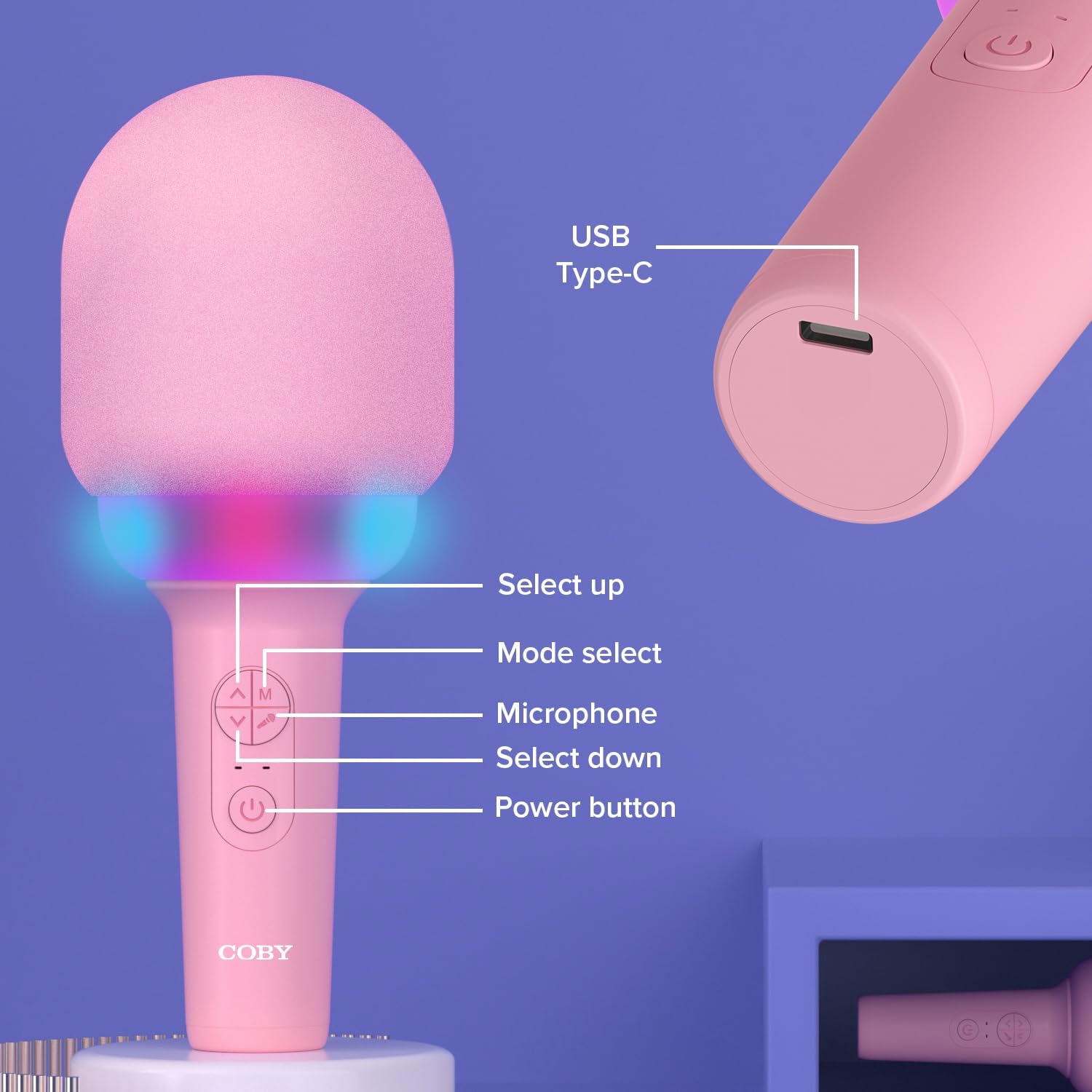 Coby Micrófono LED de karaoke  5 modos de luz súper divertidos  4 modos divertidos de cambio de voz  Modo inalámbrico verdadero para dúos  Micrófono