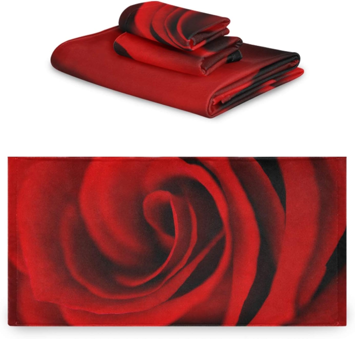 Qilmy Juego de 3 toallas de baño con diseño floral de rosas rojas vívidas para cara, absorbente a mano, patrón de flores para gimnasio, baño, hogar,