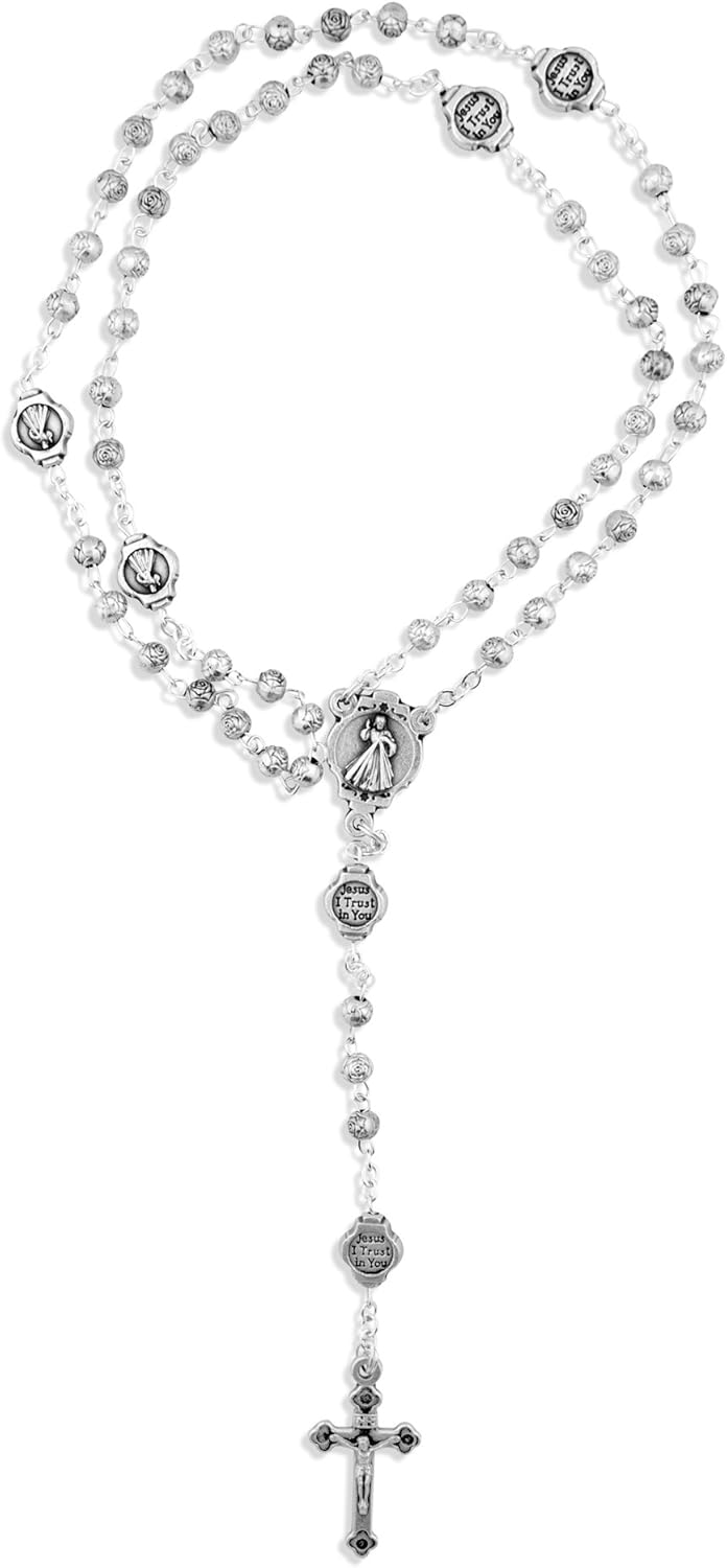 Set de regalo de rosario católico para primera comunión o confirmación (Llanura Divina de la Misericordia), Metal Plástico Esmalte