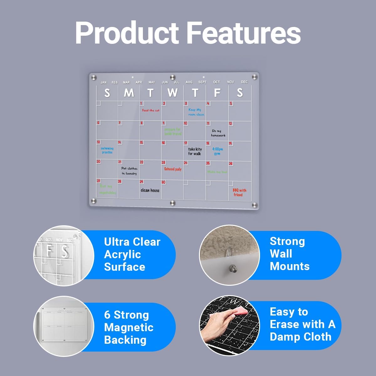 EmGi Calendario mensual magnético acrílico de borrado en seco para refrigerador, juego transparente con 6 imanes, 6 marcadores, soportes de pared, 2