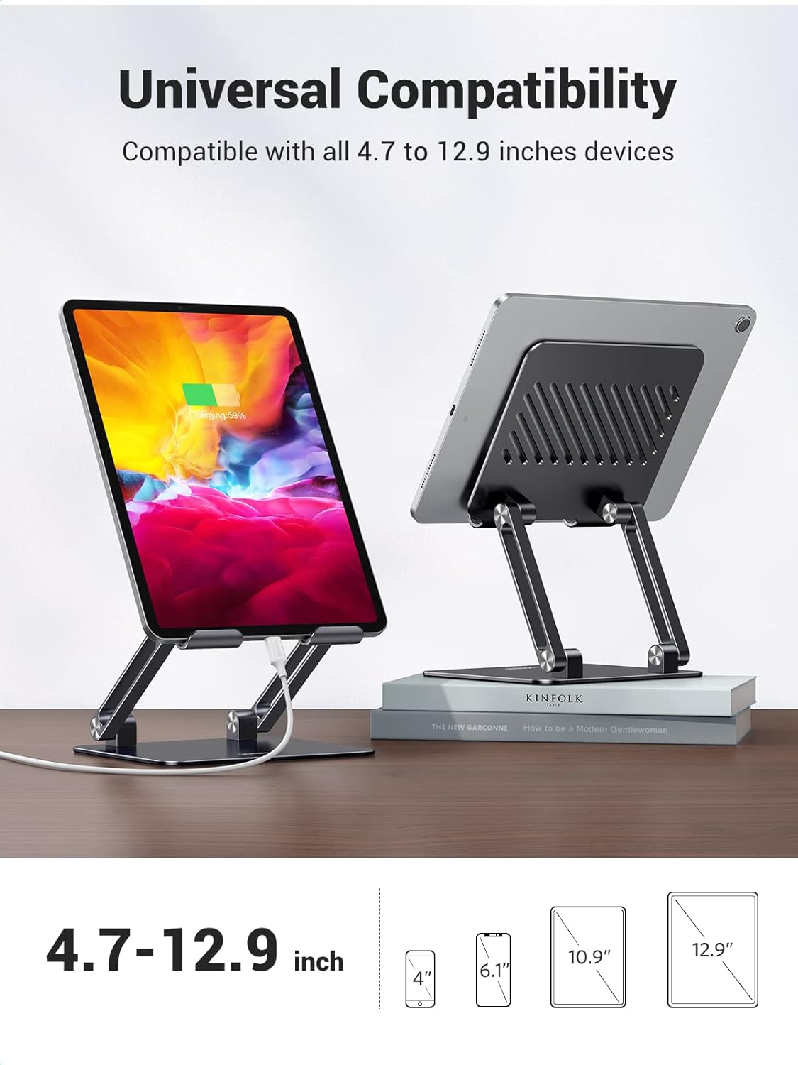 UGREEN Soporte para tablet para escritorio, soporte de doble varilla de aluminio, soporte para tableta, base ajustable, elevador multiángulo,