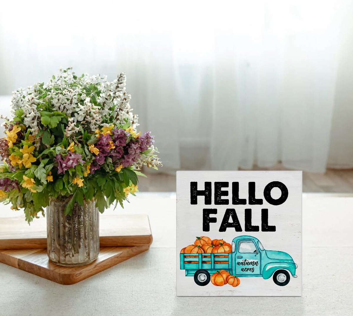 Cartel de madera de otoño para decoración del hogar, letrero cuadrado de madera con texto en inglés “Hello Fall”, letrero de madera para escritorio,