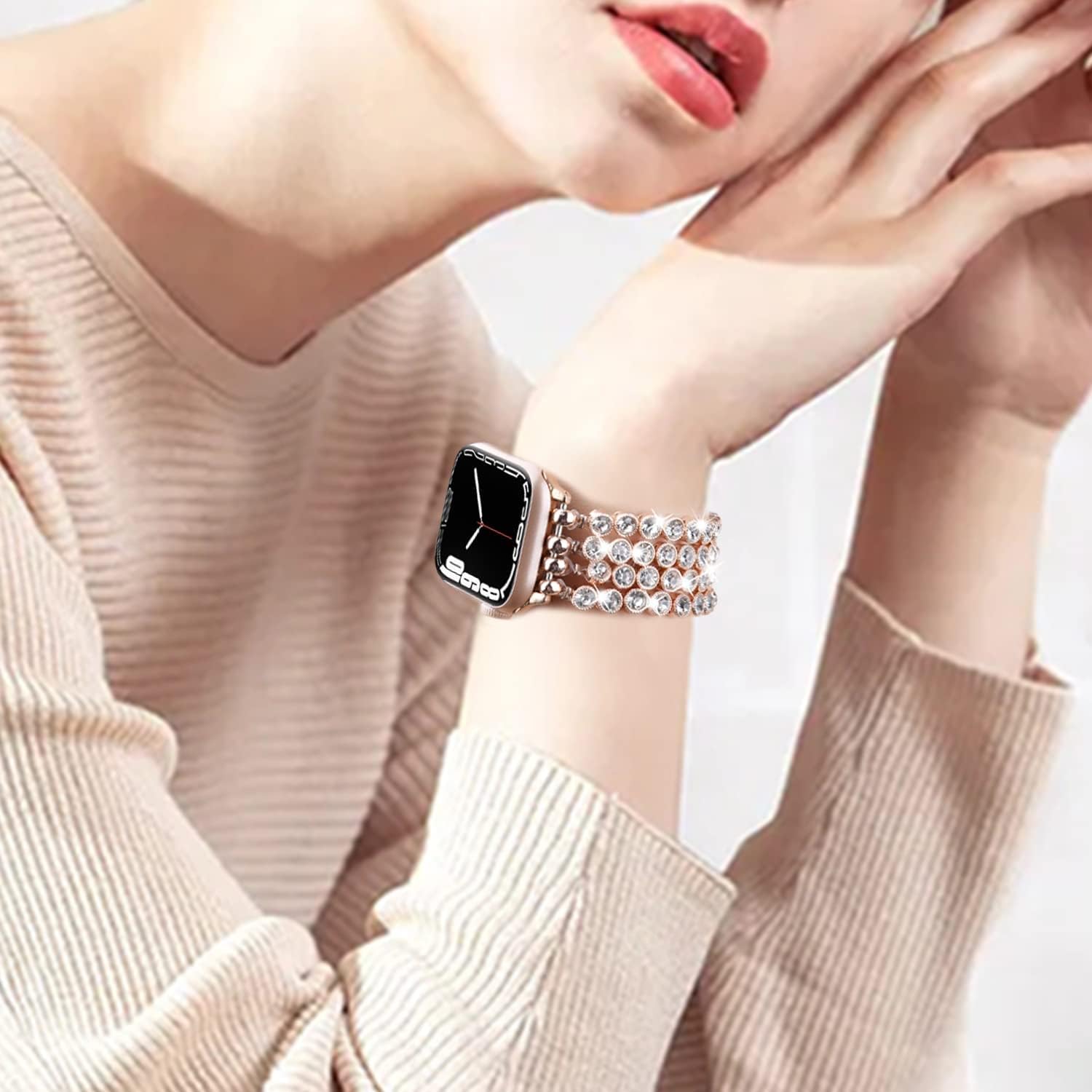 VISOOM Pulsera brillante compatible con Apple Watch Series 8 de oro rosa de 1.575 pulgadas, 1.496 pulgadas, 1.614 pulgadas, Series SE76, correa