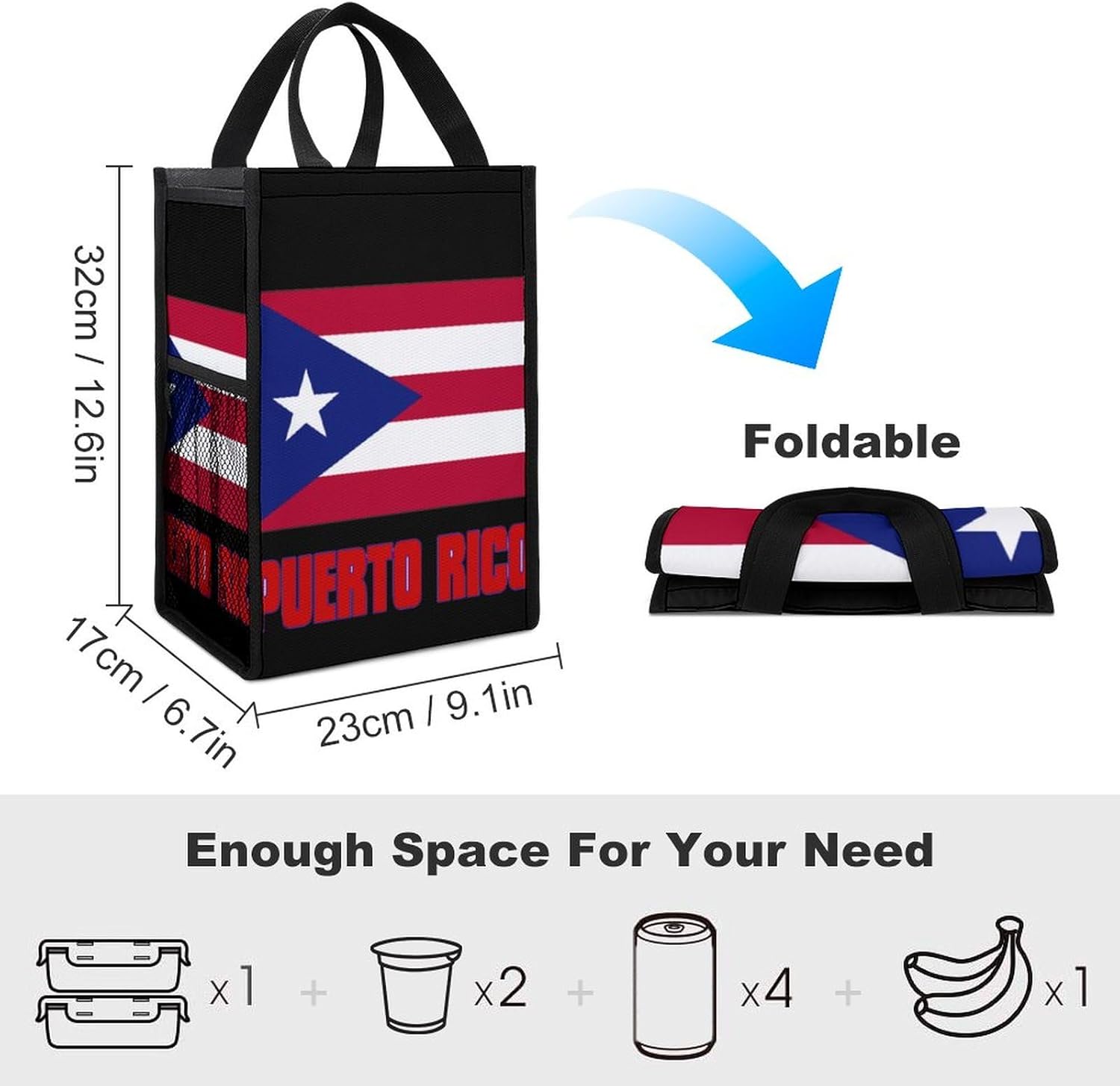 Banderas de Puerto Rico Bolsa de almuerzo plegable aislada lonchera portátil con bolsillos para el trabajo, picnic al aire libre