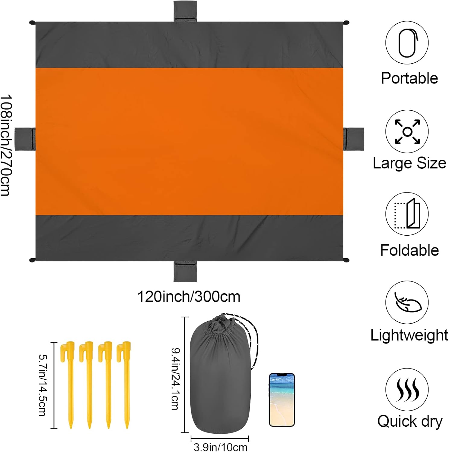 kegemor Manta de playa impermeable a prueba de arena, extra grande, de gran tamaño, 120 x 108 pulgadas, portátil, ligera, para exteriores, para