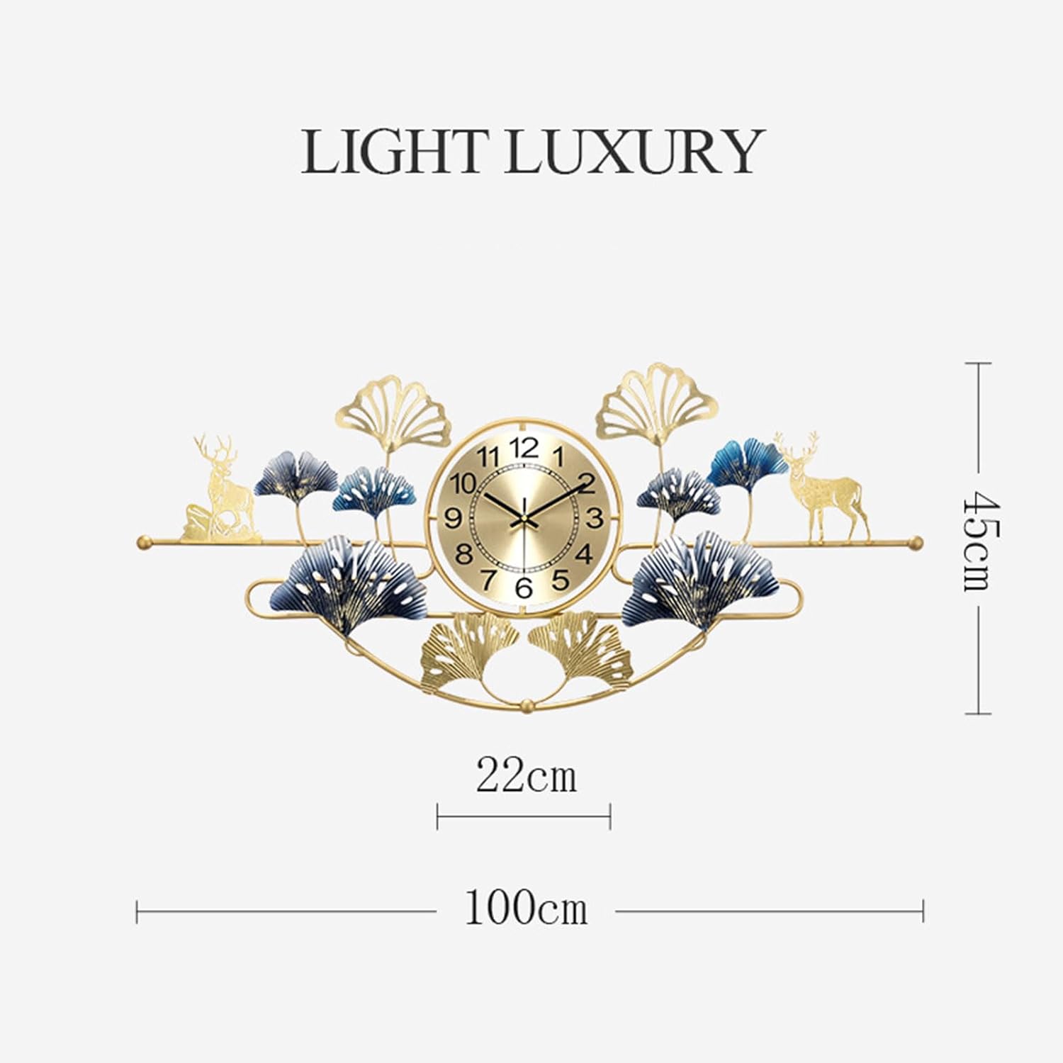 Reloj de pared grande silencioso con diseño de hoja de ginkgo de metal creativo, funciona con pilas, para decoración de sala de estar, dorado, 40