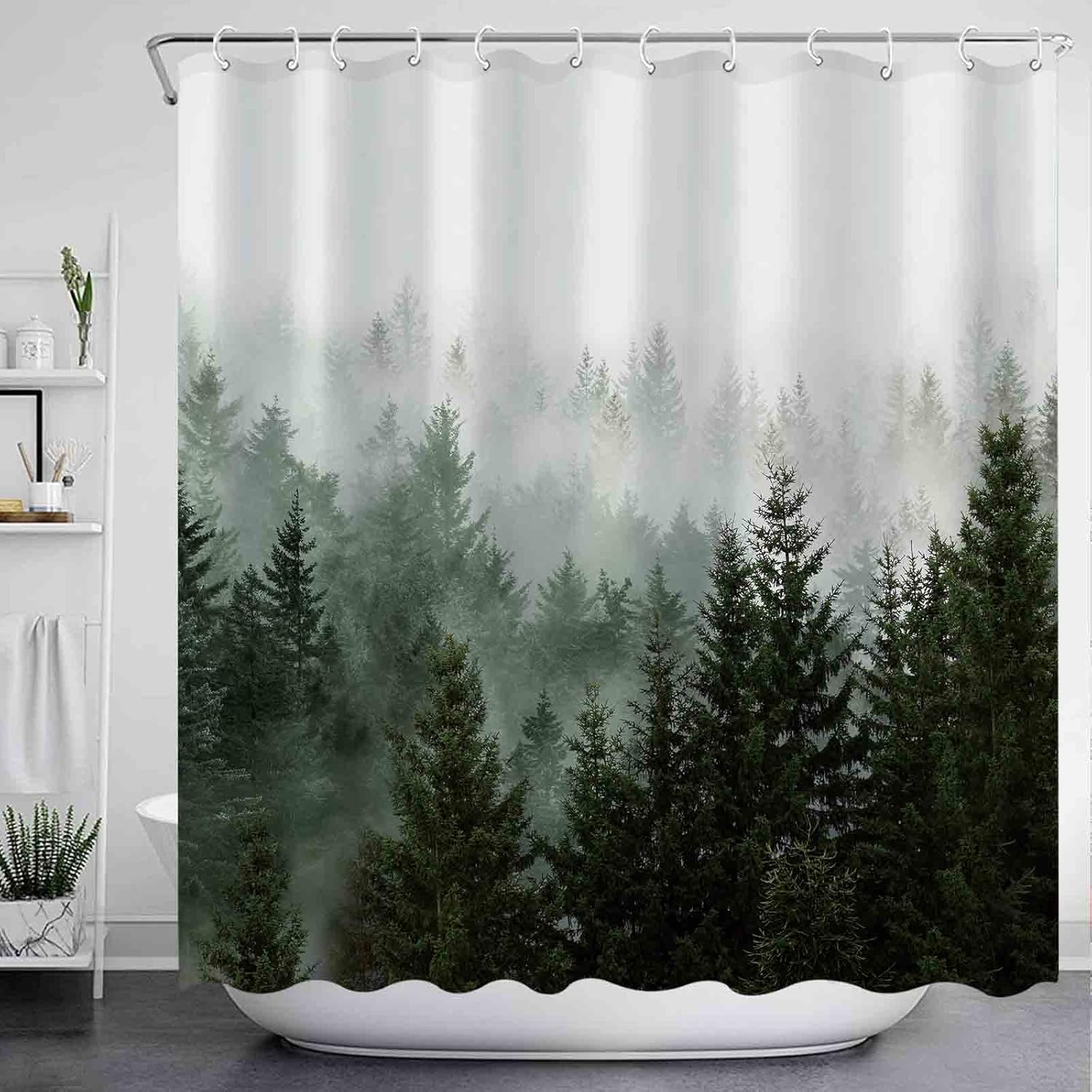 Cortina de ducha verde con diseño de bosque brumoso, juego de cortinas de ducha impermeables de tela verde oscuro para decoración de baño con 12