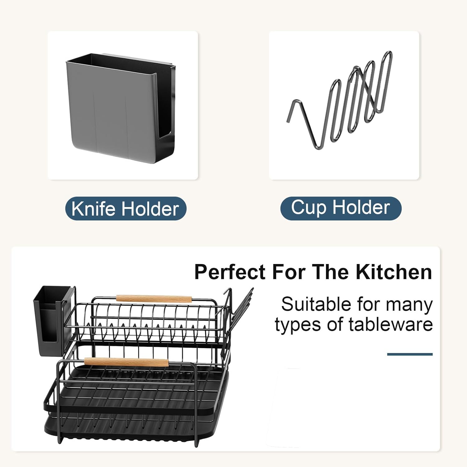 Escurridor de platos duradero de 2 niveles desmontable para encimera de cocina con soporte para cuchillos y portavasos, mango de madera,