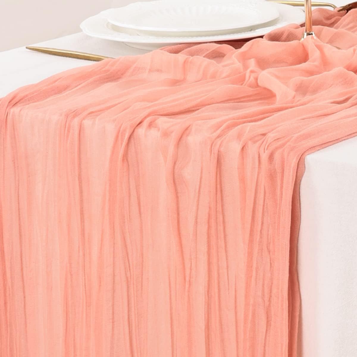 Socomi Camino de mesa de gasa de 10 pies, bohemio, rústico, color oro rosa, coral, camino de mesa para boda, despedida de soltera, otoño, Acción de