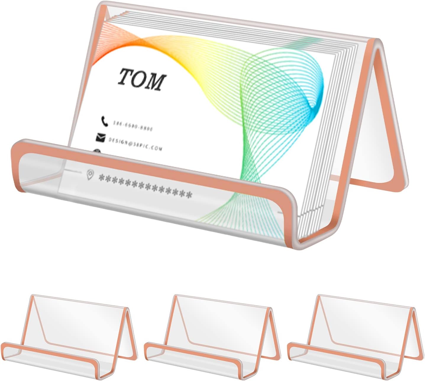 BESARME 4 piezas de soporte para tarjetas de visita de color oro rosa para escritorio, soporte de acrílico moderno para tarjetas de visita de