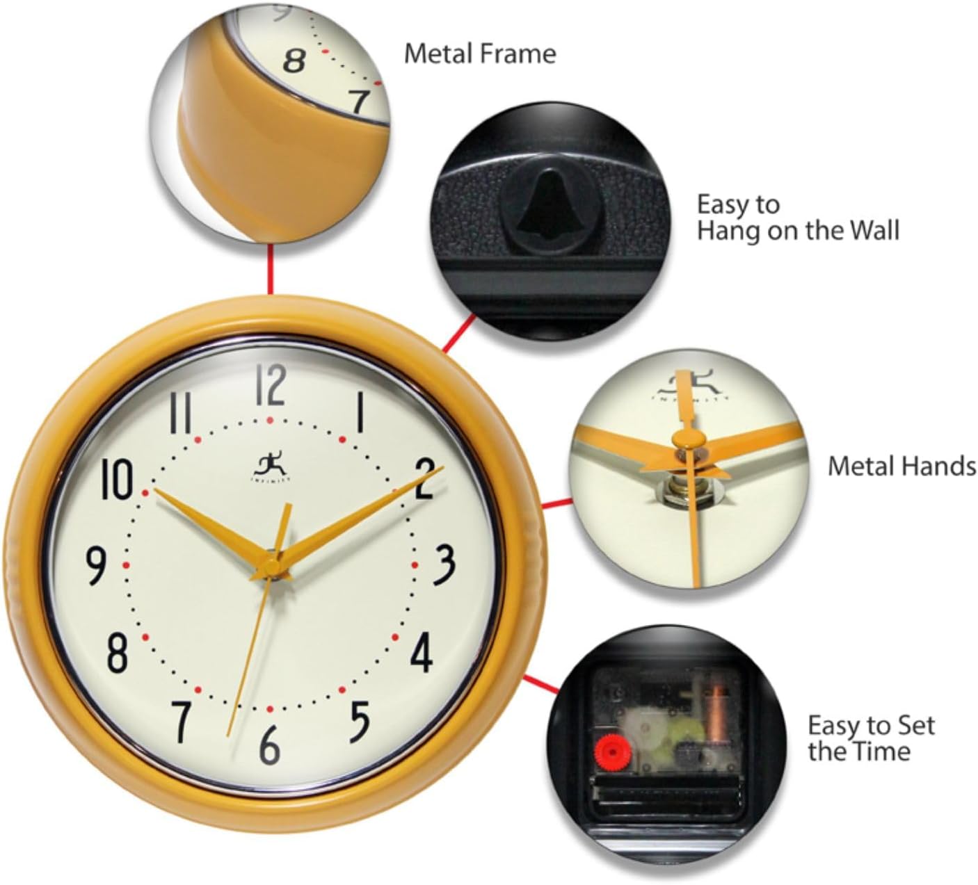 Infinity Instruments LTD. Reloj de pared retro de 12 pulgadas, silencioso, sin tictac, moderno, de mediados de siglo, para cocina, comedor,