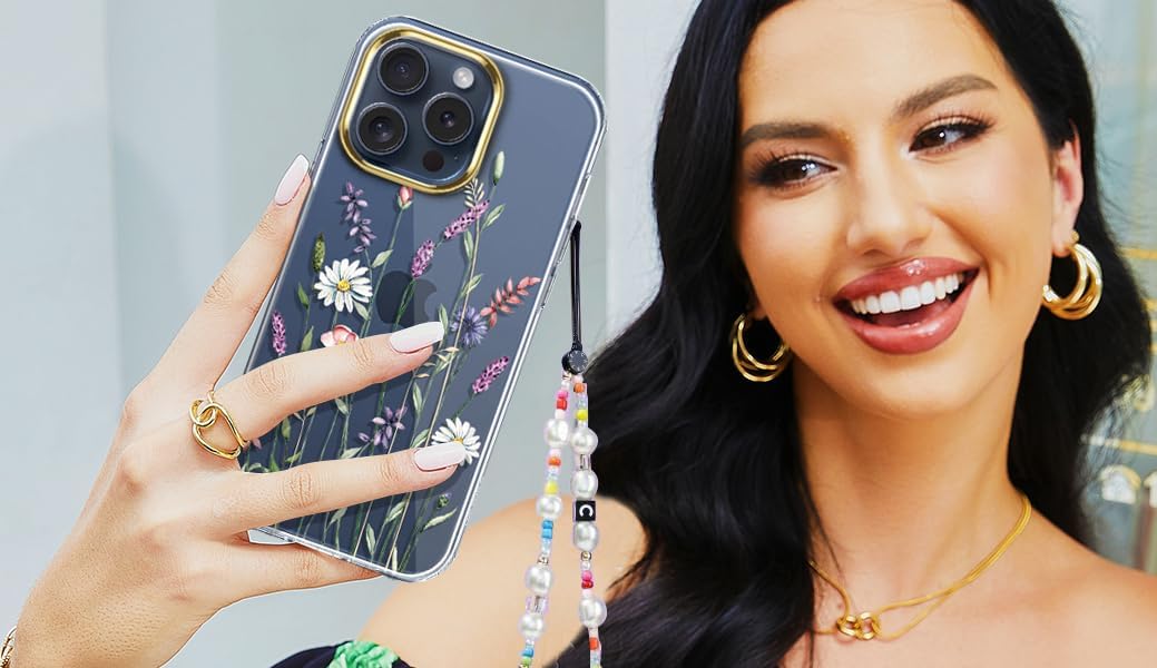 luolnh Funda compatible con iPhone 15 Pro, para mujeres y niñas, a prueba de golpes, transparente, patrón floral, cubierta trasera dura para iPhone