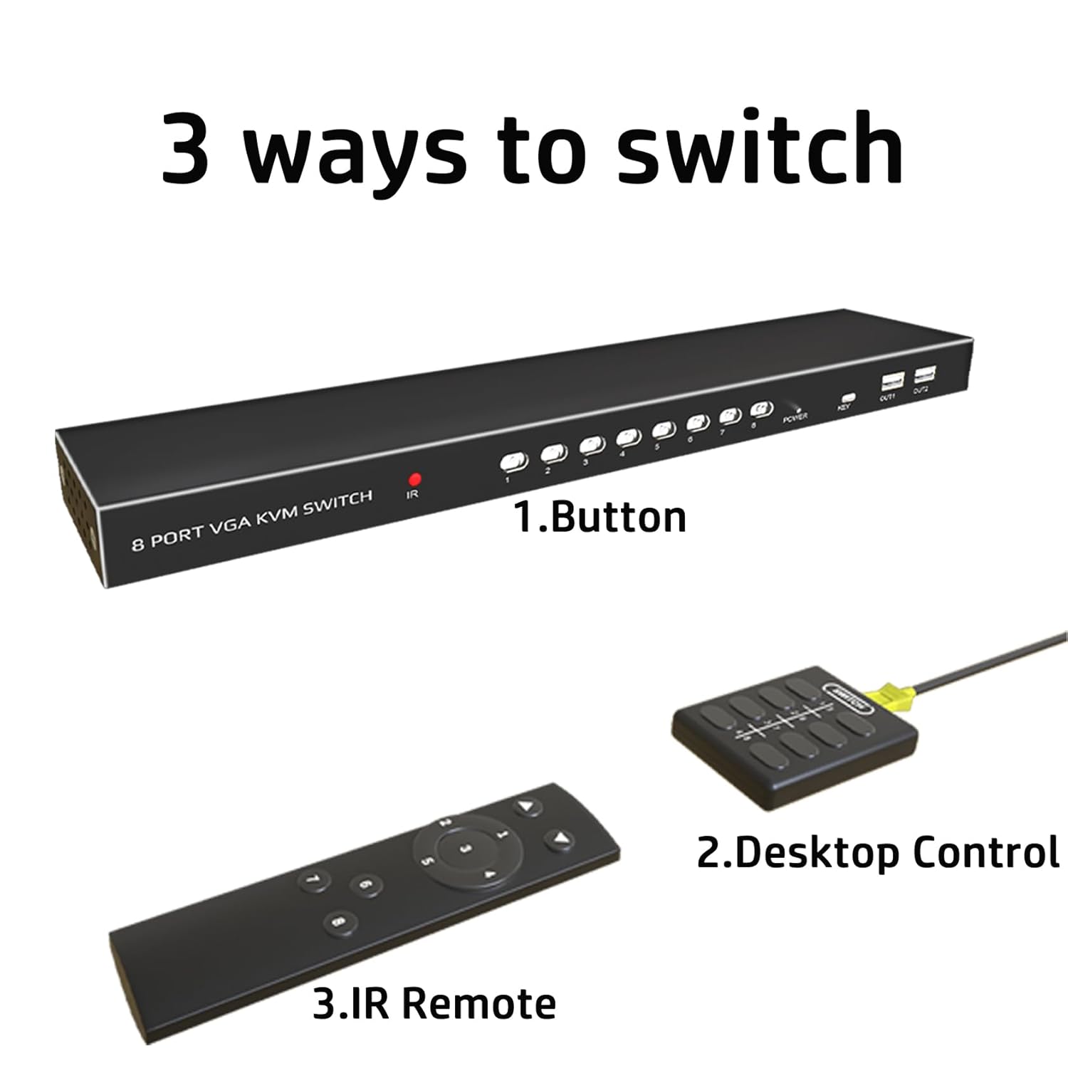 Conmutador KVM VGA de 8 puertos – Interruptor KVM con control remoto, conmutador USB 8 computadoras comparten 1 monitor, 4 concentradores USB 2.0,