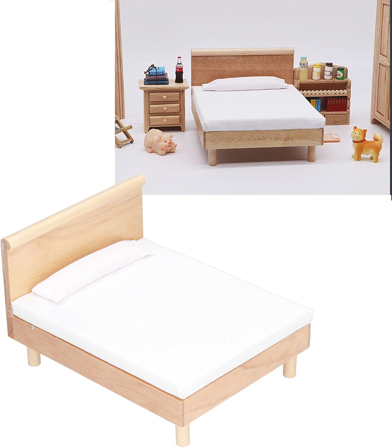 Cama doble para casa de muñecas, marco de madera, muebles en miniatura de roble, accesorios de decoración de casa de muñecas con almohada decorativa