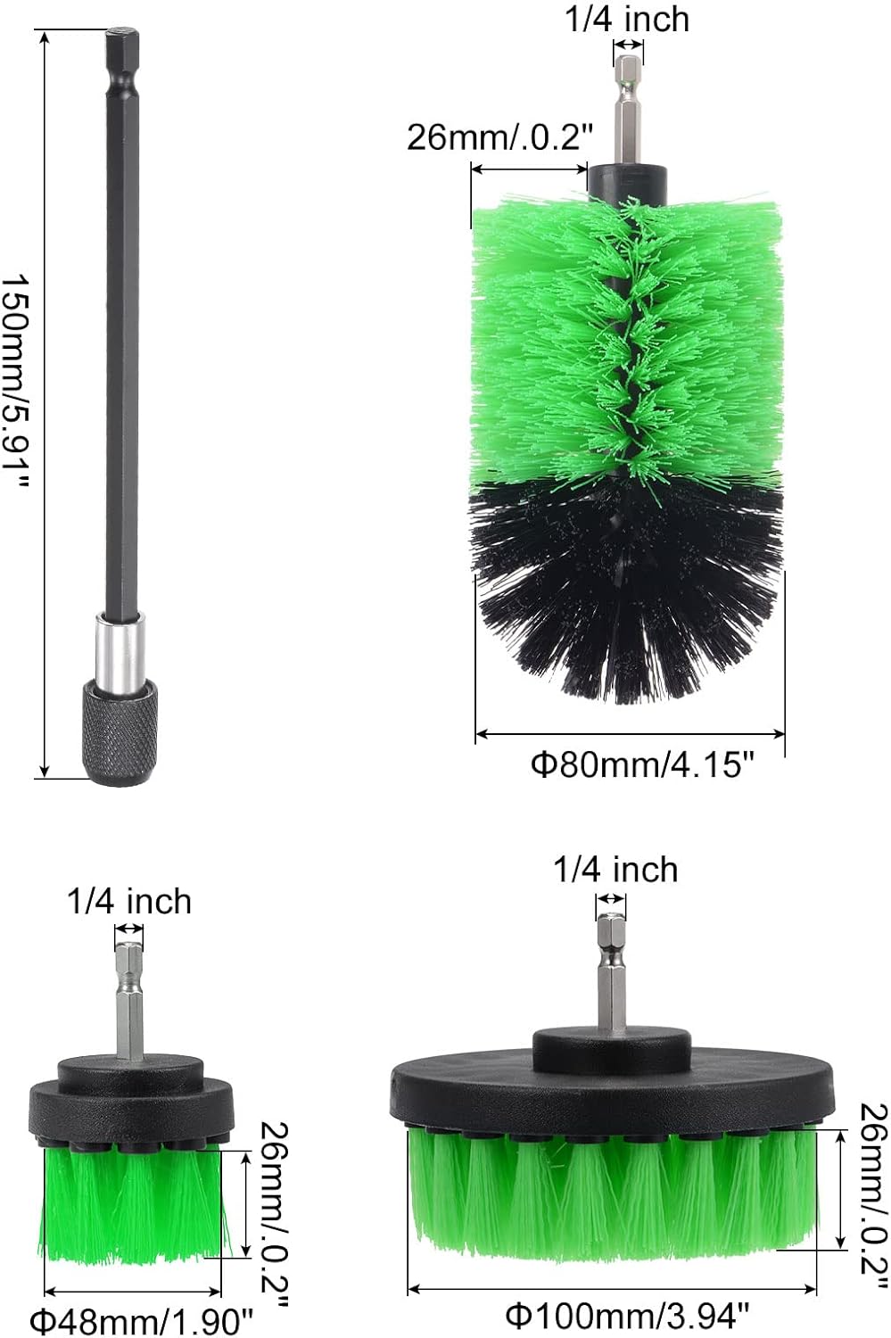 Juego de brochas de taladro (2″3.5″4″) Kit de limpieza multiusos para lechada, piso, bañera, azulejos, con eje de extensión, verde