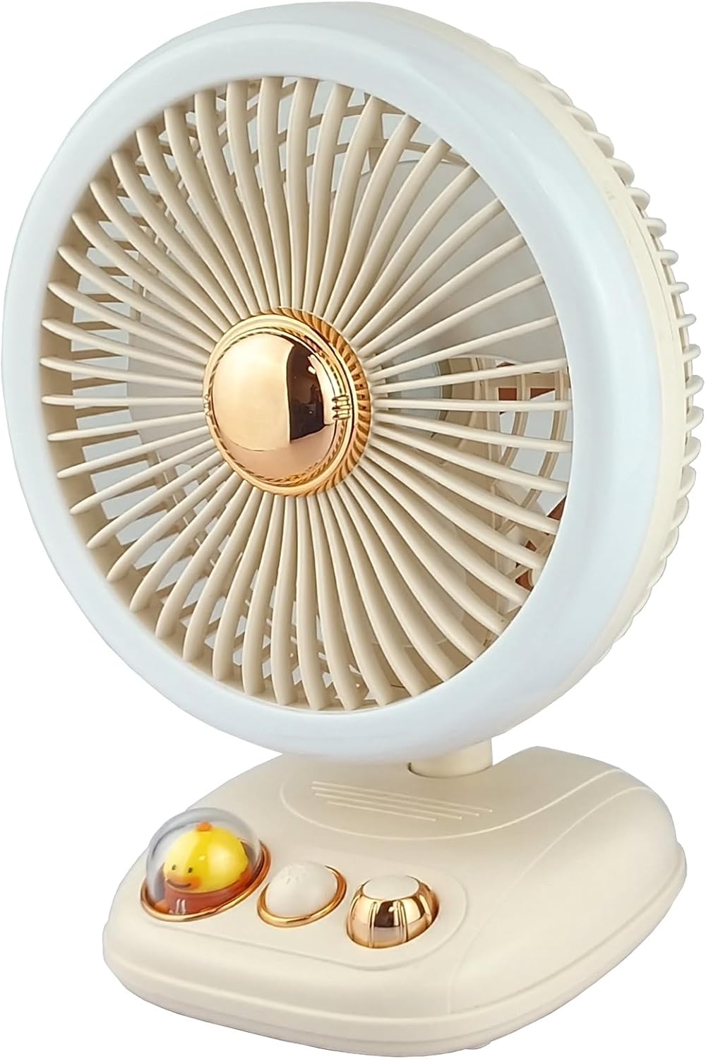 Ventilador de escritorio con luz LED, flujo de aire silencioso de velocidad variable, funciona con pilas recargables (beige)