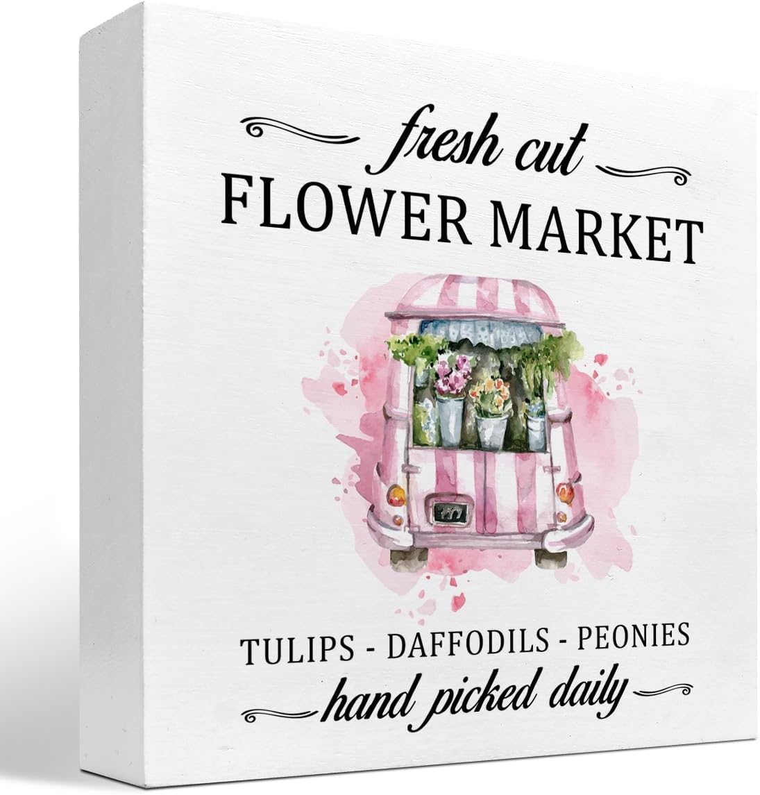 Flower Market – Letrero de madera rosa para automóvil, decoración de escritorio de flores rústicas de primavera y verano, decoración de escritorio
