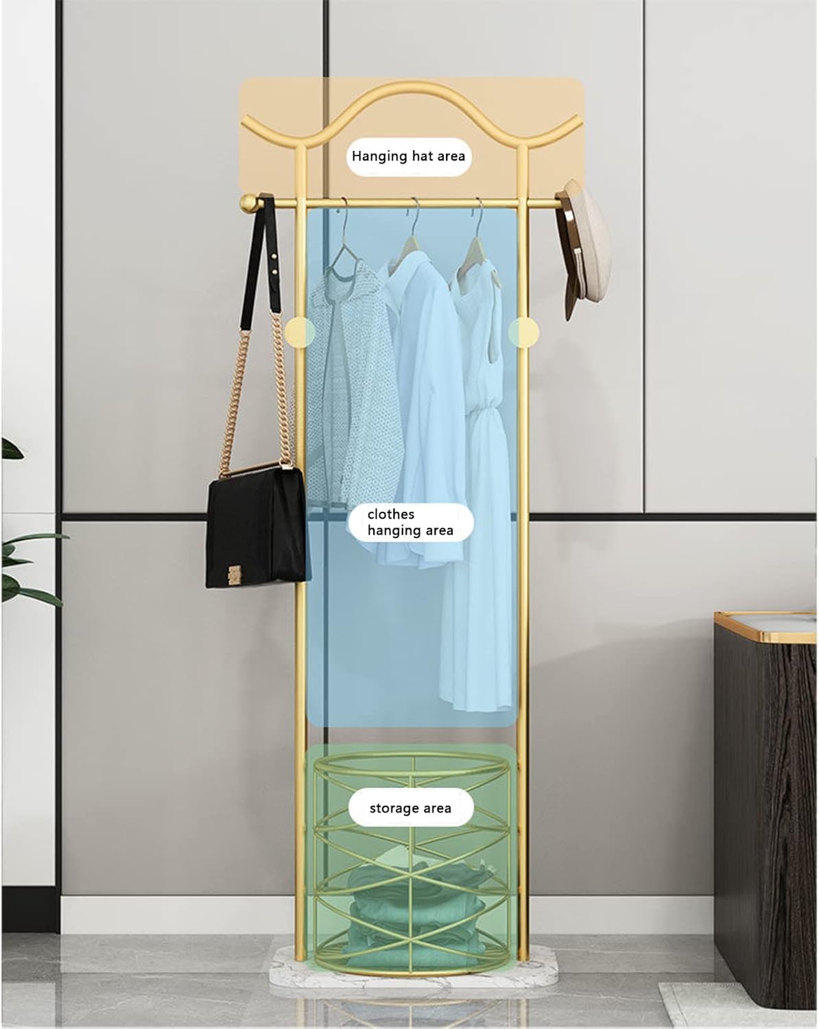Perchero dorado con cesta de almacenamiento, base de mármol resistente y estable, soporte de exhibición de tienda de ropa para organización y ropa