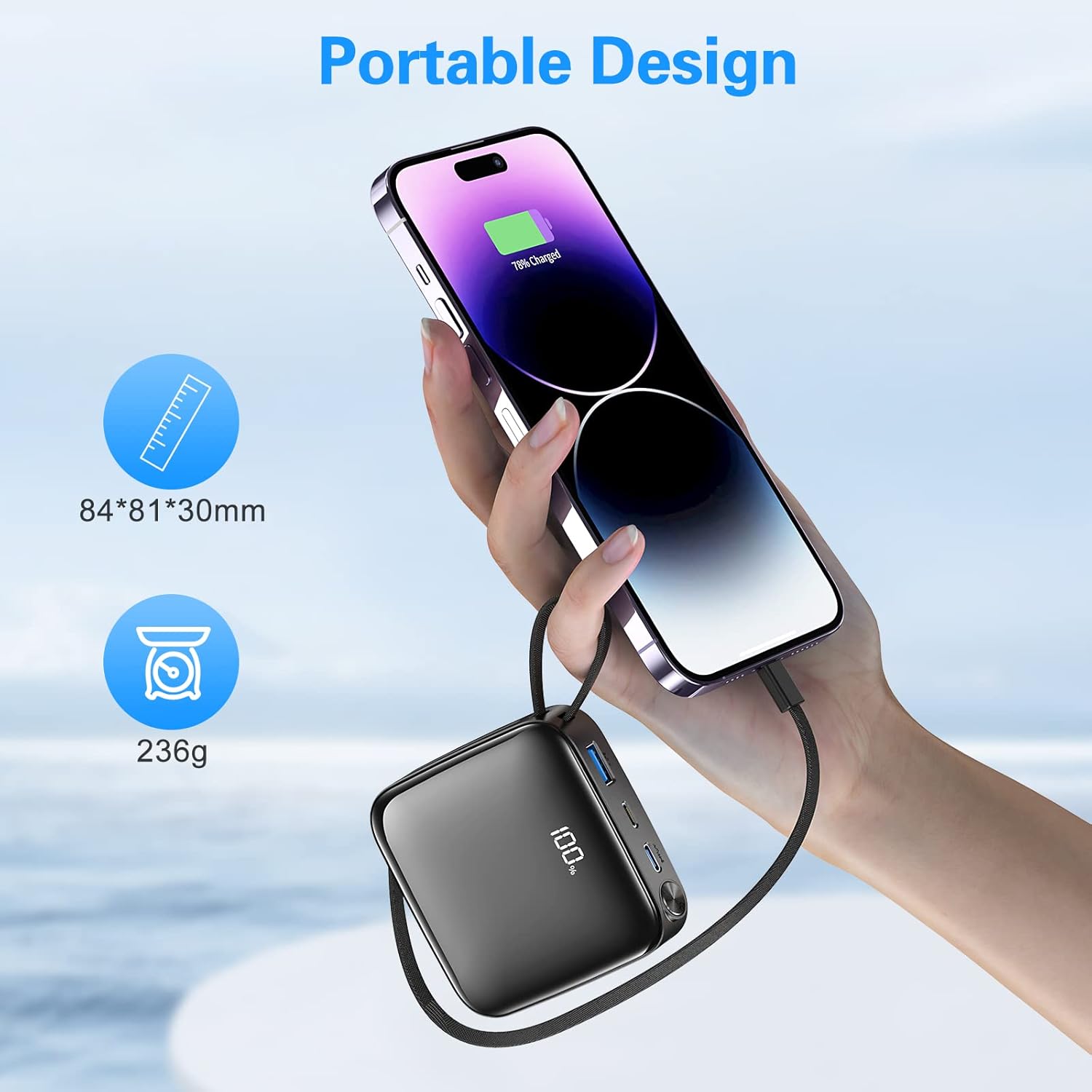 20000mAh Power Bank Carga rápida 22.5W 20W PD USB C Cargador portátil con cables integrados Batería externa universal Paquete de energía Banco de
