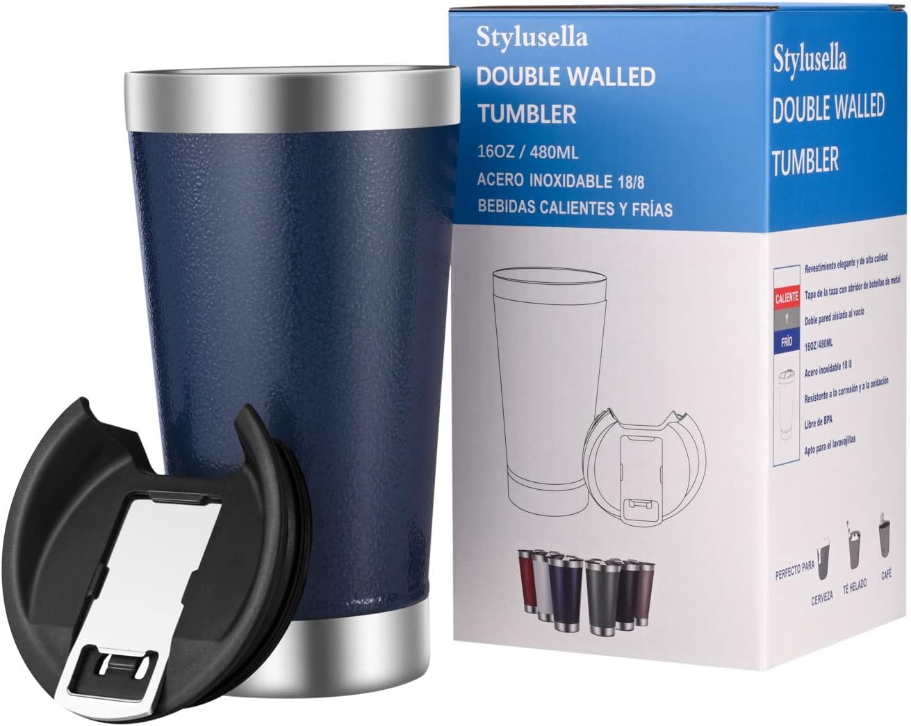 Vaso de cerveza de acero inoxidable de 16 oz16.2 fl oz, vaso aislado al vacío de doble pared, tapa con abridor de botellas, mantiene las bebidas