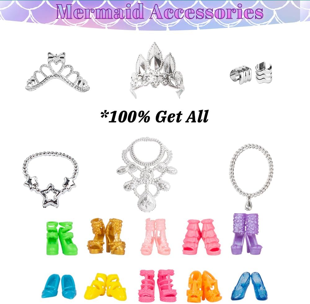 Ropa y accesorios de muñeca de sirena con lentejuelas y brillantina, 12 vestidos de fiesta con purpurina brillante, 2 adornos de corona diferentes y