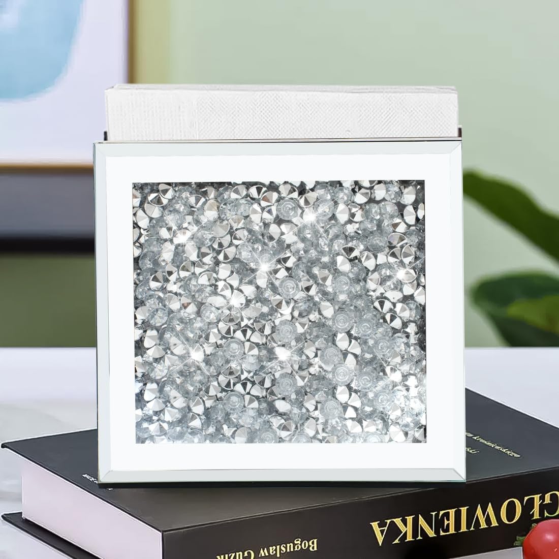 Servilletero con espejo, soporte vertical de diamante triturado de cristal, bonito soporte de servilleta de espejo de vidrio para mostrador o mesa.