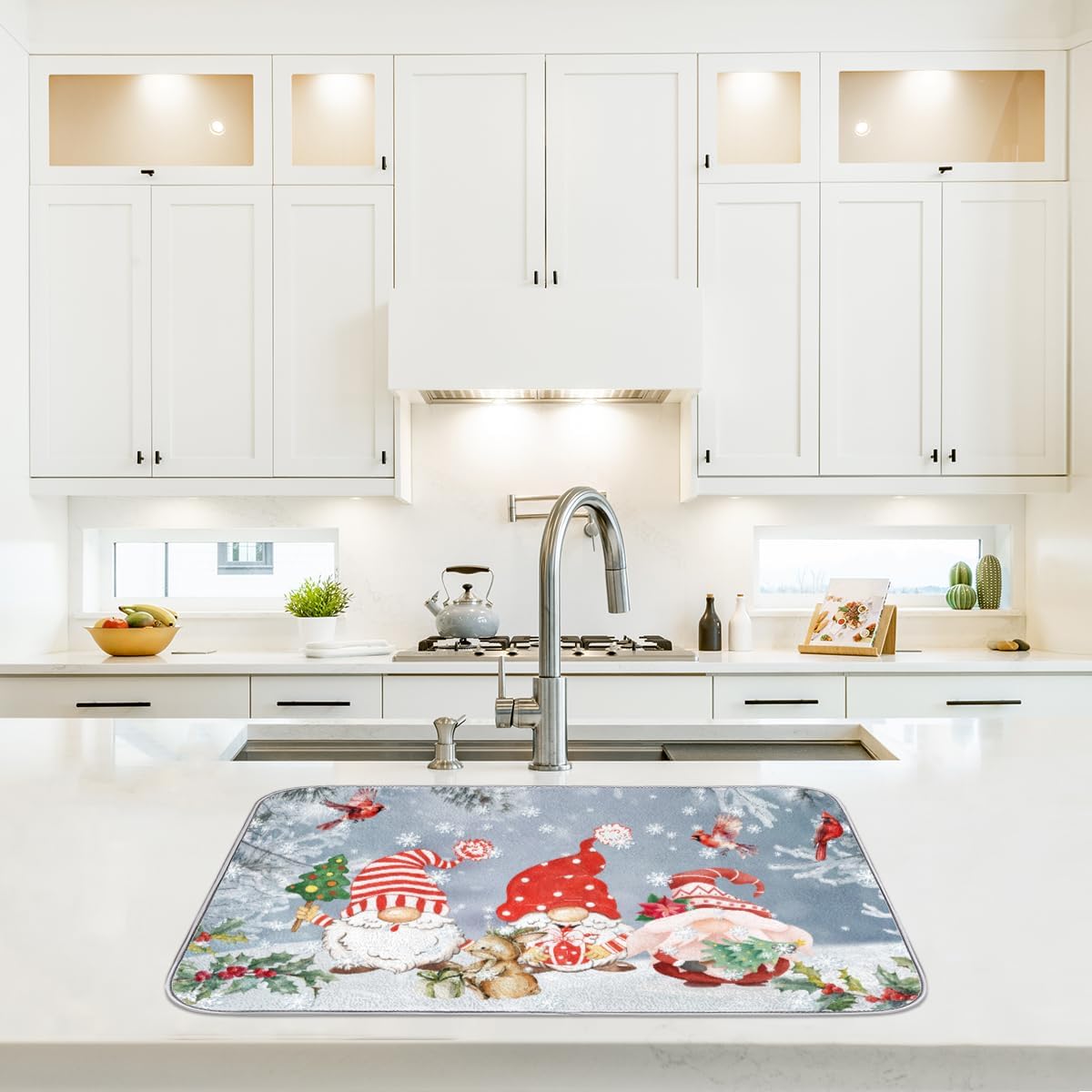 Tapete de secado de platos de Navidad, gnomos de invierno, almohadilla de secado de platos para encimera de cocina, tapete escurridor de platos