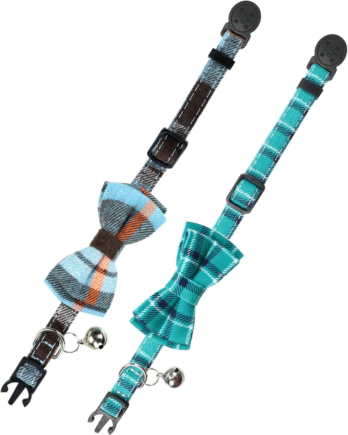 Joytale Collar de gato mejorado con campanas, collares de gato separados con pajarita, paquete de 2 collares de seguridad a cuadros para niñas y