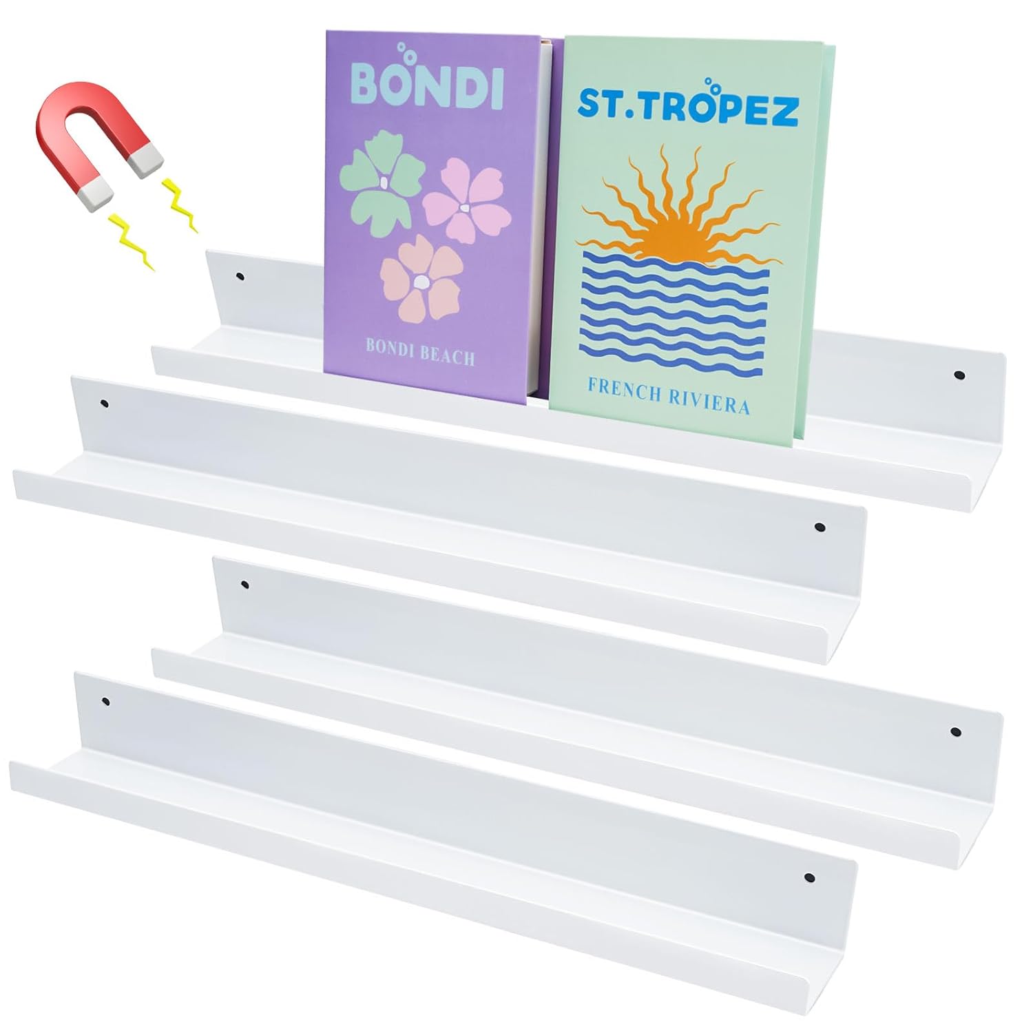 Whaline 4 estantes magnéticos para pizarra blanca de 17 pulgadas, estantes magnéticos flotantes de metal para libros, organizador de libros para