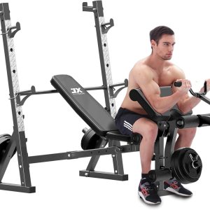 JX FITNESS Banco de pesas olímpico con almohadilla de rizo y revelador de piernas, prensa de banco de entrenamiento multifunción para levantamiento JX FITNESS Banco de pesas olímpico con almohadilla de rizo y revelador de piernas, prensa de banco de entrenamiento multifunción para levantamiento