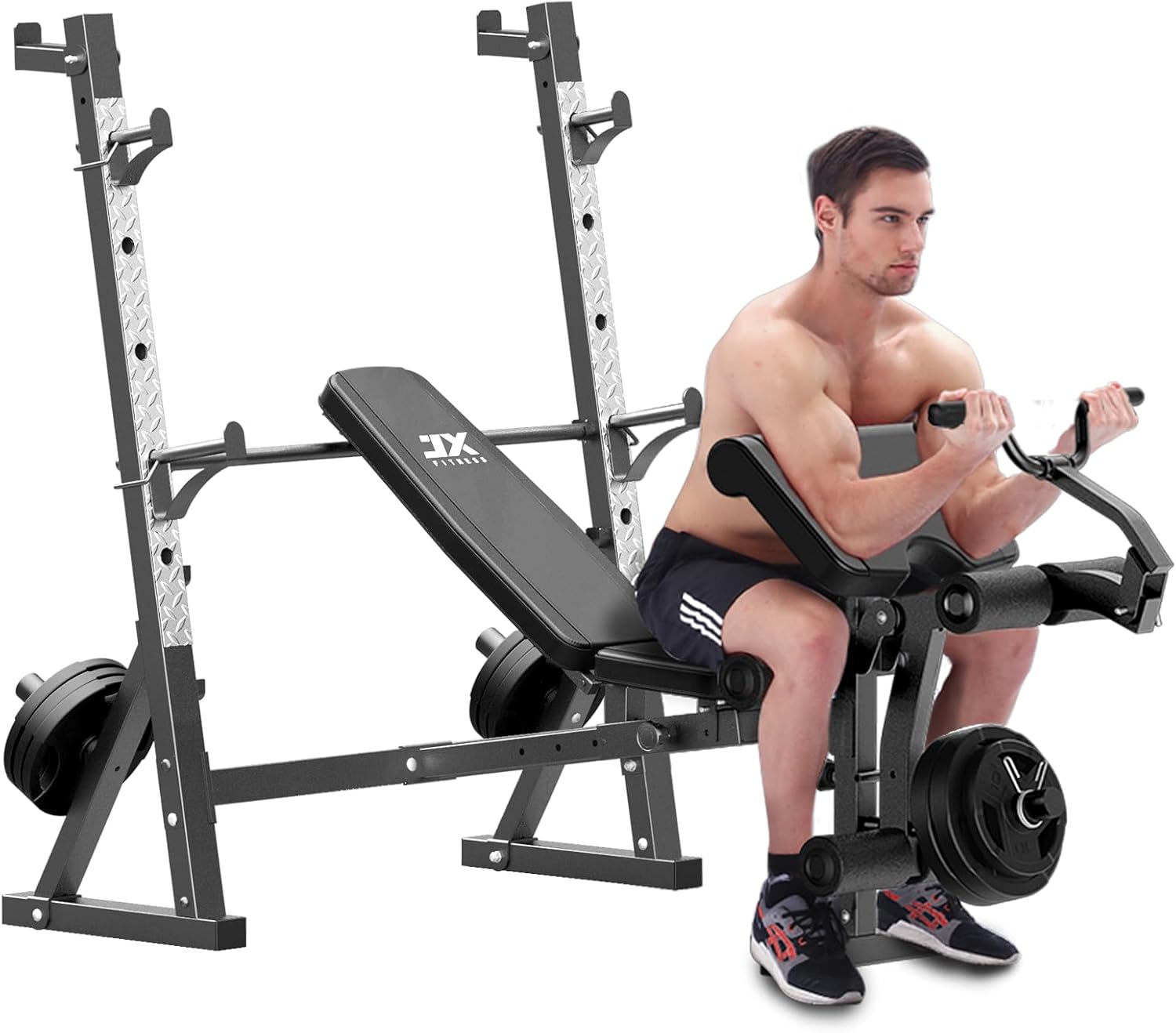 JX FITNESS Banco de pesas olímpico con almohadilla de rizo y revelador de piernas, prensa de banco de entrenamiento multifunción para levantamiento