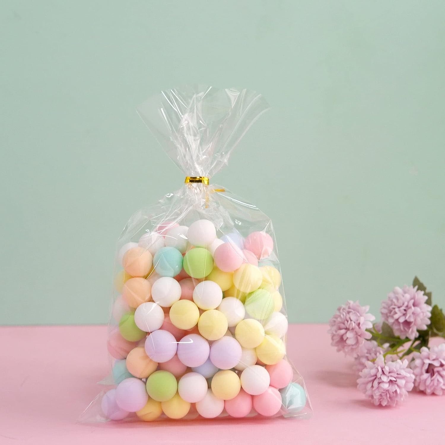 Efavormart – 100 bolsas de celofán transparente de 6 x 10 pulgadas con lazos metálicos dorados, bolsas de dulces para dulces, panadería, galletas,