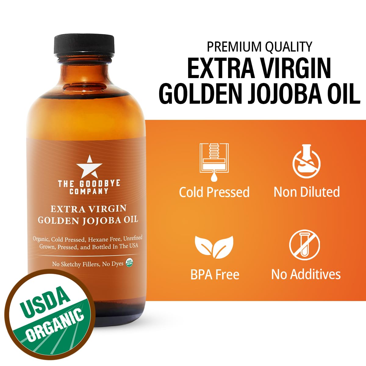 The Goodbye Company Aceite de jojoba dorado extra virgen orgánico USDA  4.25 onzas líquidas aceite de jojoba puro prensado en frío sin refinar