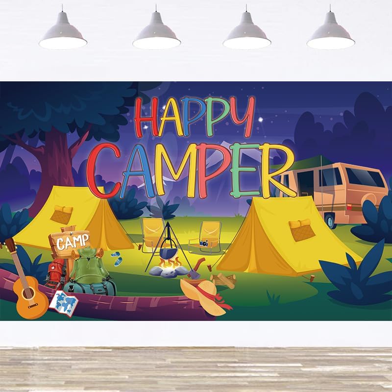 Cartel de fondo de Happy Camper con 70.8 x 43.3 pulgadas, tela de poliéster grande, letrero de telón de fondo para campamento, suministros de