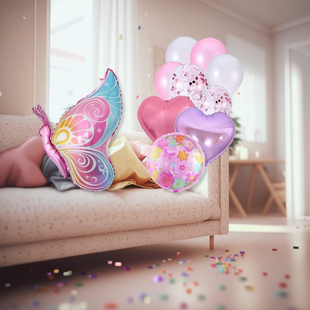 DIWULI Juego de globos de mariposa, decoraciones de mariposa grande para cumpleaños, globo de aluminio, helio, globo de mariposa rosa, animal de