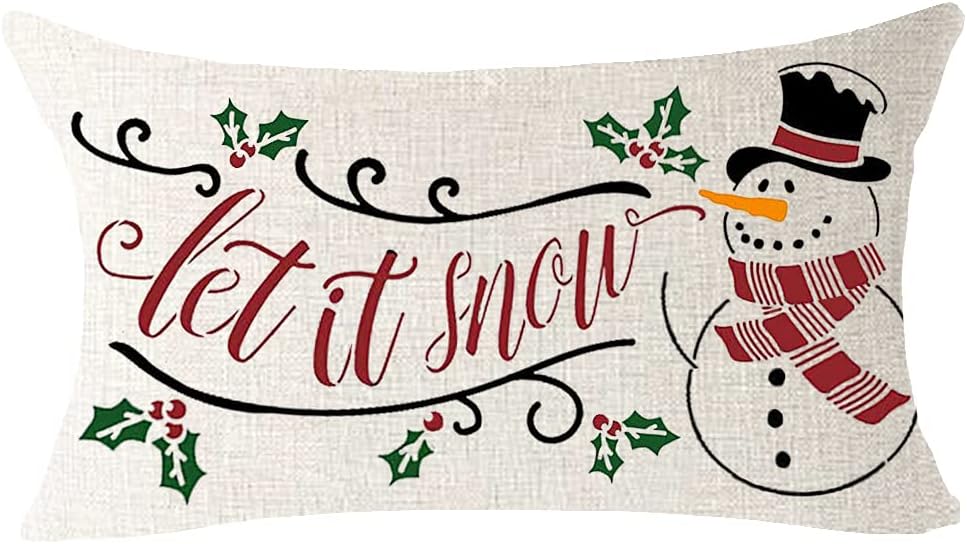 Juego de 4 fundas de almohada lumbares de lino y algodón con copos de nieve con texto en inglés “Merry Christmas”, para cama, sofá, oficina,