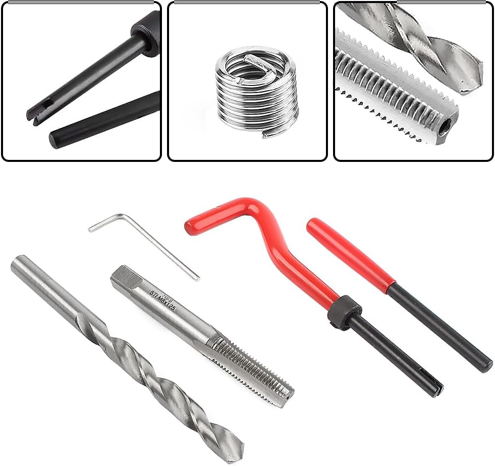Kit de reparación de roscas de acero inoxidable, inserto de reparación de rosca métrica M8 x 0.049 in, pinza de freno, guía de rosca, juego de