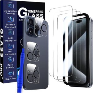 3+3+1 Pack para iPhone 15 Pro 6.1 pulgadas Protector de pantalla de vidrio templado, 3 protectores de pantalla, 3 protectores de lente de cámara, 1 3+3+1 Pack para iPhone 15 Pro 6.1 pulgadas Protector de pantalla de vidrio templado, 3 protectores de pantalla, 3 protectores de lente de cámara, 1