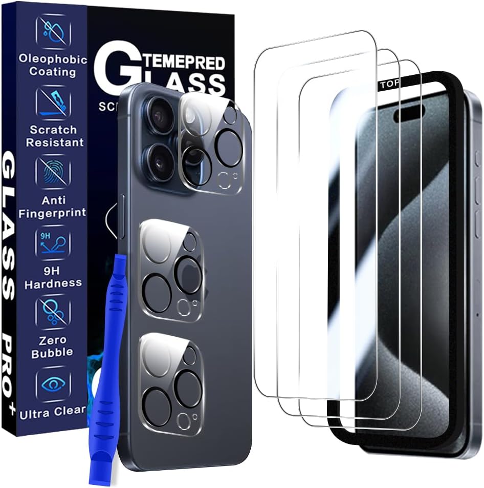3+3+1 Pack para iPhone 15 Pro 6.1 pulgadas Protector de pantalla de vidrio templado, 3 protectores de pantalla, 3 protectores de lente de cámara, 1