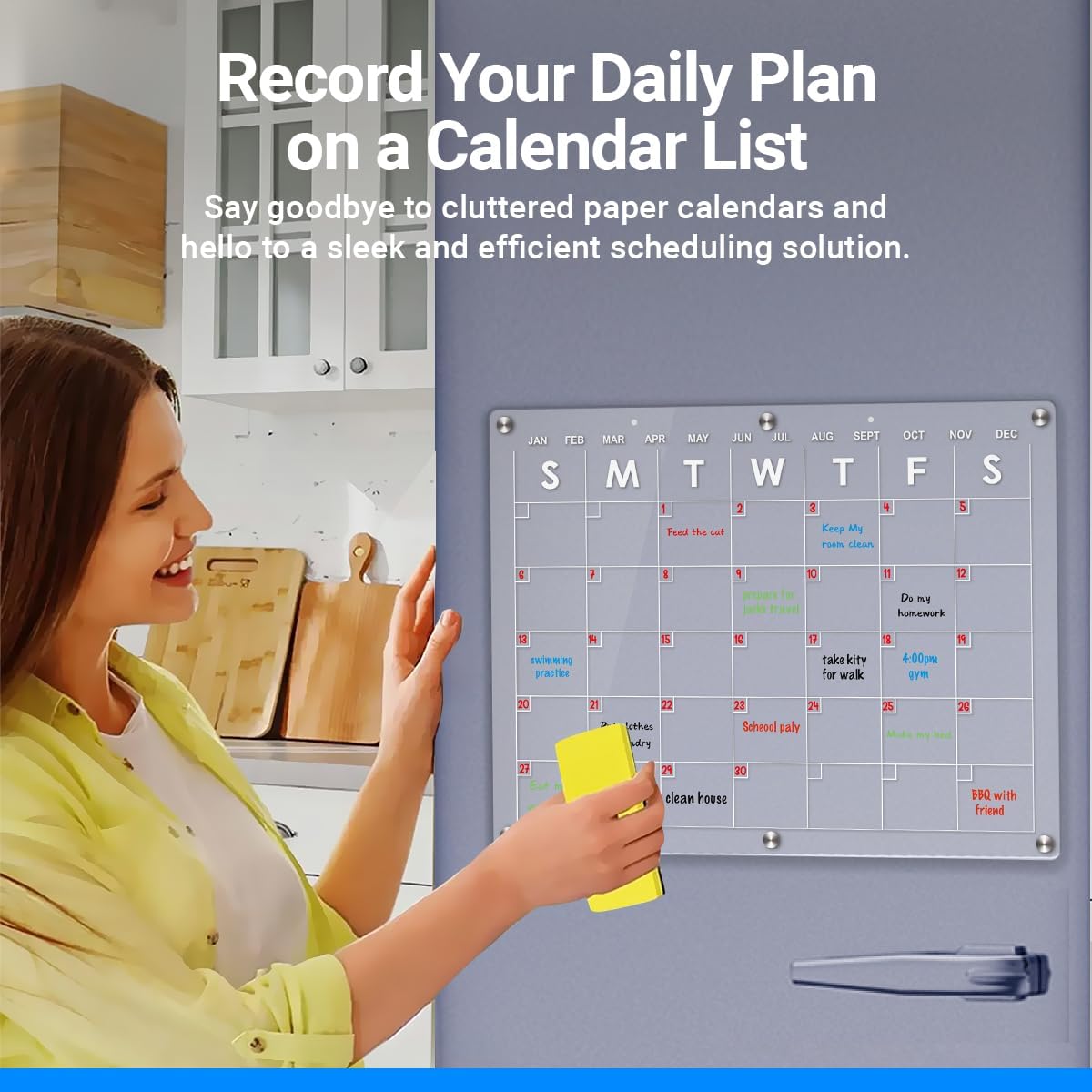 EmGi Calendario mensual magnético acrílico de borrado en seco para refrigerador, juego transparente con 6 imanes, 6 marcadores, soportes de pared, 2
