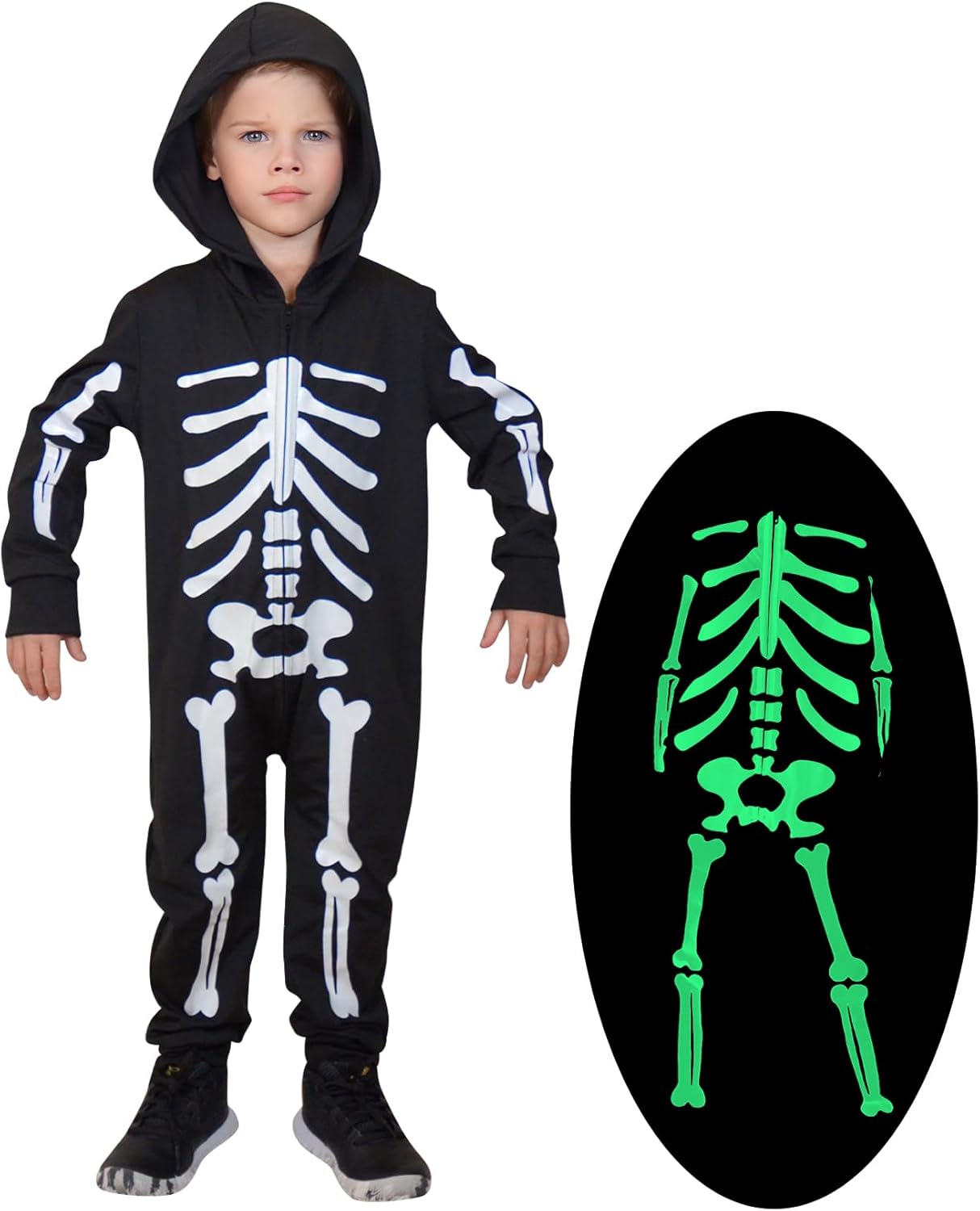 Enlifety 1-8T Disfraz de esqueleto de Halloween para niños y niñas, overol de calavera que brilla en la oscuridad con capucha