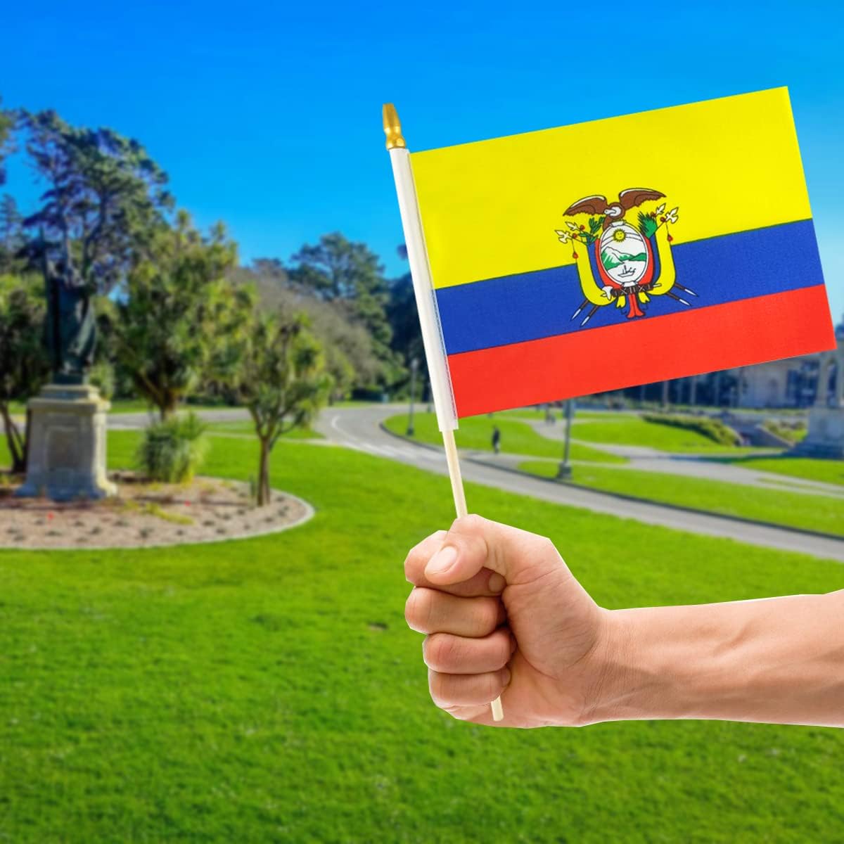 Newperlite Banderas de mano pequeñas de Ecuador – Poste de madera maciza y parte superior de lanza (paquete de 12, 5 x 8 pulgadas)