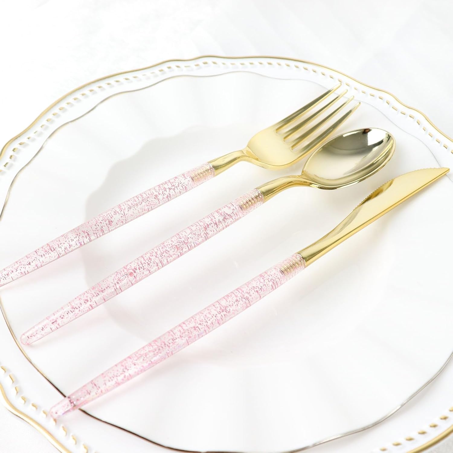 Efavormart – Juego de cubiertos desechables de 8 pulgadas, color oro rosa con purpurina, cubiertos de plástico para bodas, eventos y banquetes