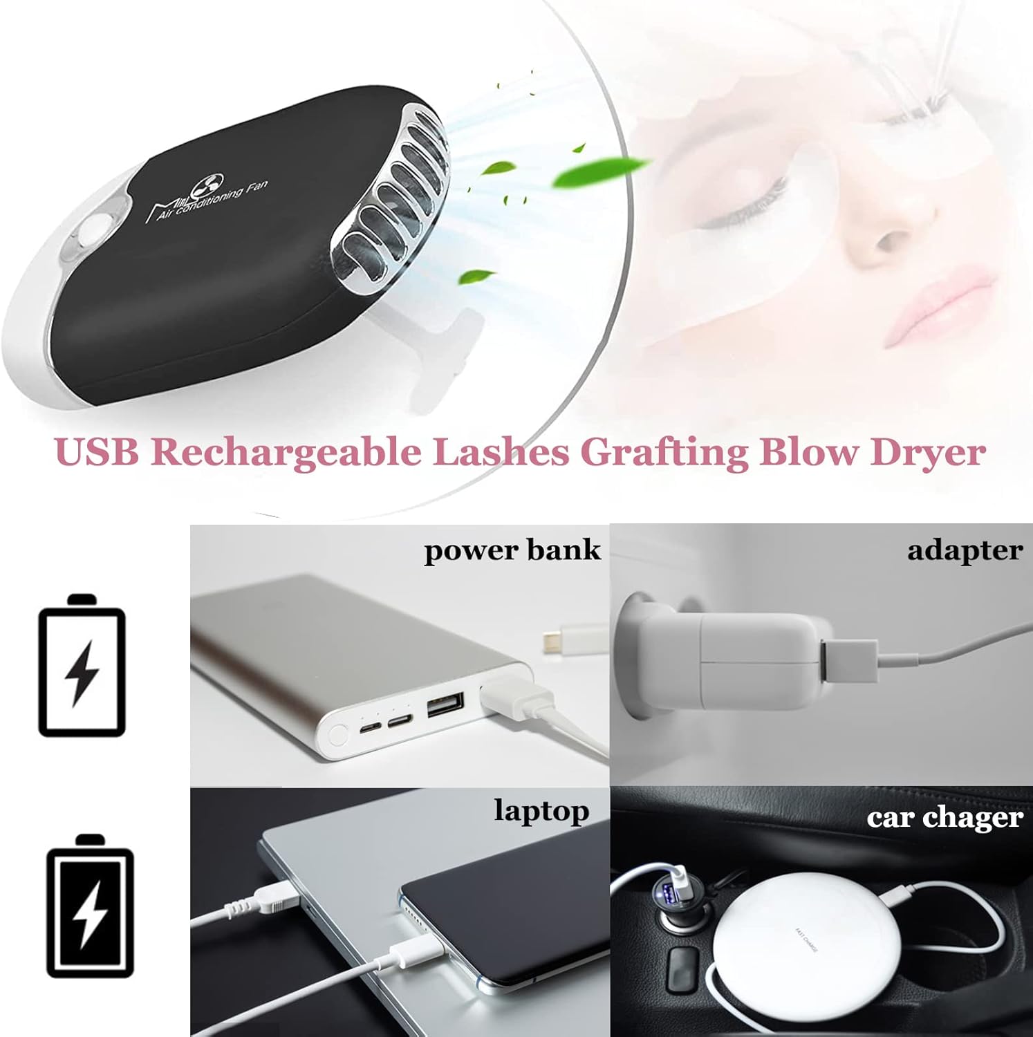 Extensiones de pestañas, ventilador de pestañas, secador de pestañas recargable por USB, ventilador de aire acondicionado, mini ventilador de