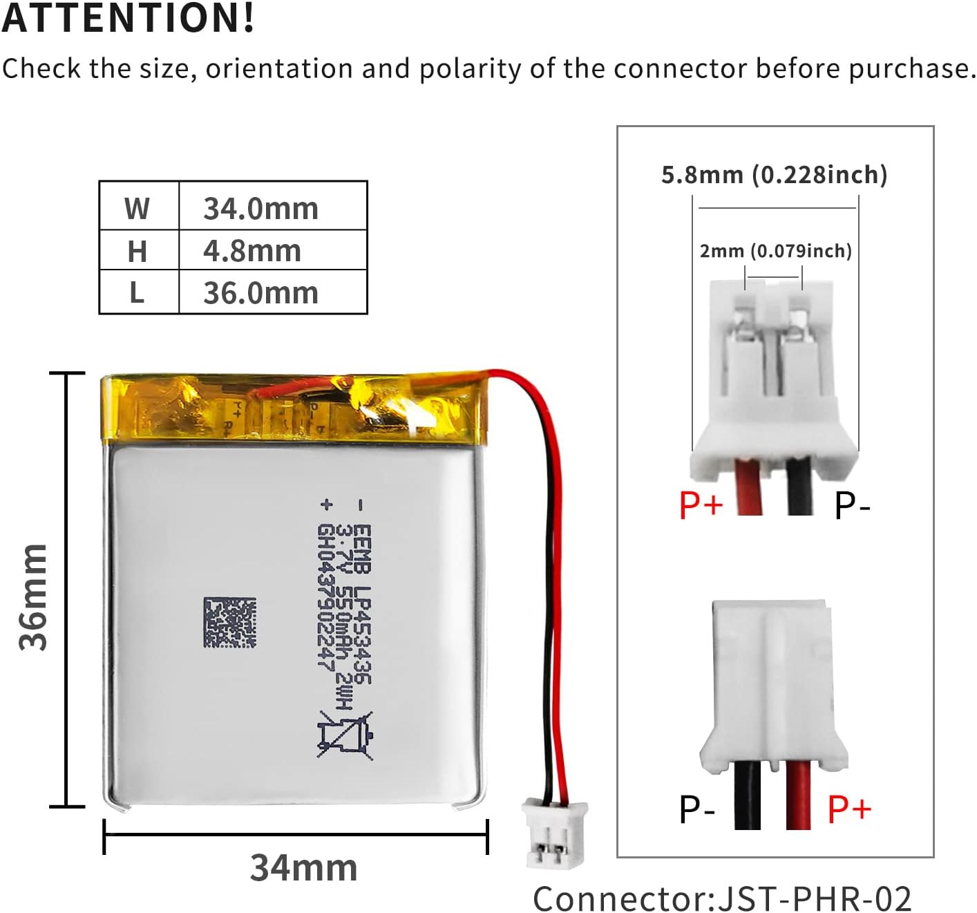 EEMB 3.7V 550mAh 453436 Lipo Batería recargable Batería de iones de polímero de litio con conector JST Asegúrese de que la polaridad del dispositivo