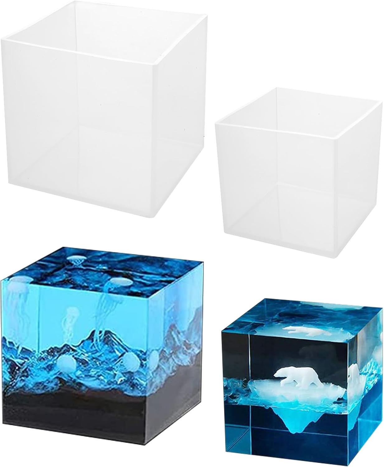 Paquete de 2 moldes cuadrados de resina en forma de cubo de moldes de fundición de silicona, 2 tamaños, moldes de resina epoxi, moldes de silicona